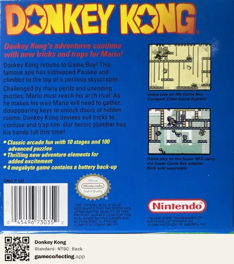 Donkey Kong Game Boy, NTSC box back