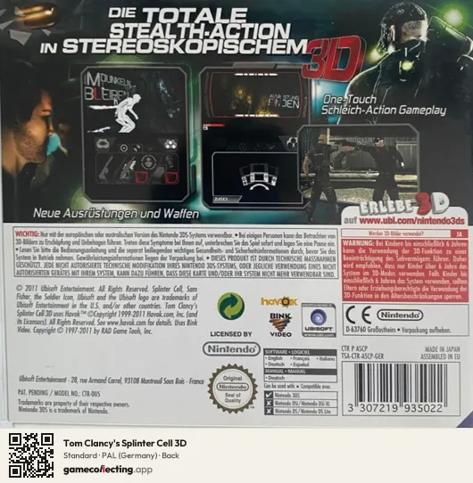 Tom Clancy's Splinter Cell 3D Nintendo 3DS, Germany box back
