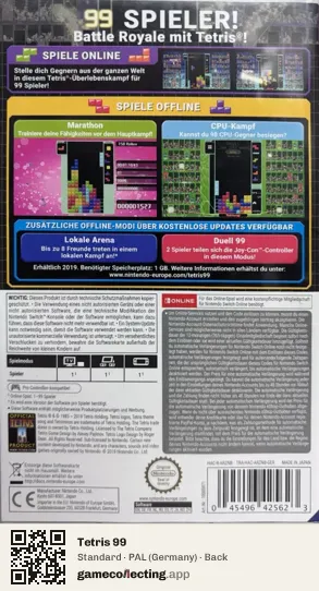 Tetris 99 Nintendo Switch, Germany box back