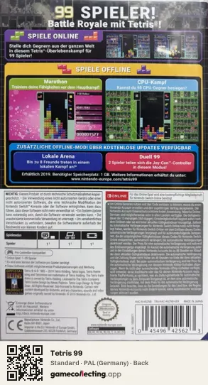 Tetris 99 Nintendo Switch, Germany box back