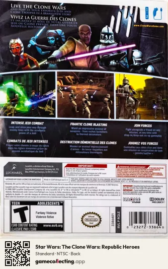 Star Wars: The Clone Wars: Republic Heroes Nintendo Wii, NTSC box back
