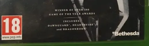 The Elder Scrolls V: Skyrim, the PEGI square on its front