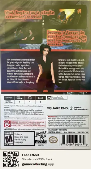 Fear Effect Nintendo Switch, NTSC box back