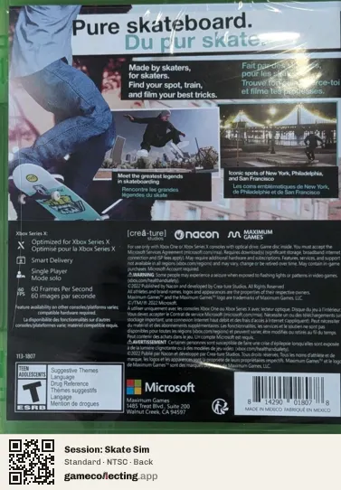 Session: Skate Sim Xbox Series X, NTSC box back