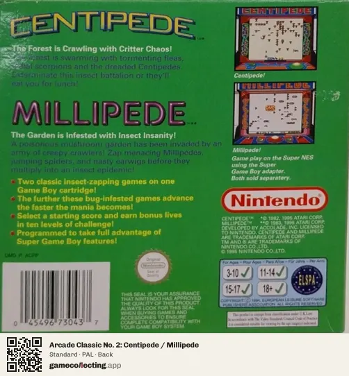 Arcade Classic No. 2: Centipede / Millipede Game Boy, PAL box back