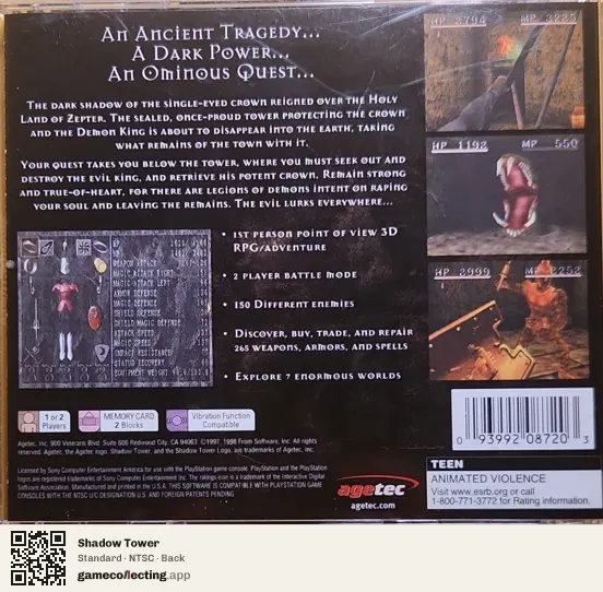 Shadow Tower PlayStation, NTSC box back