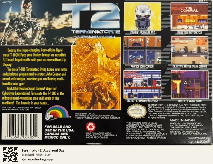 Terminator 2: Judgment Day Super Nintendo Entertainment System, NTSC box back