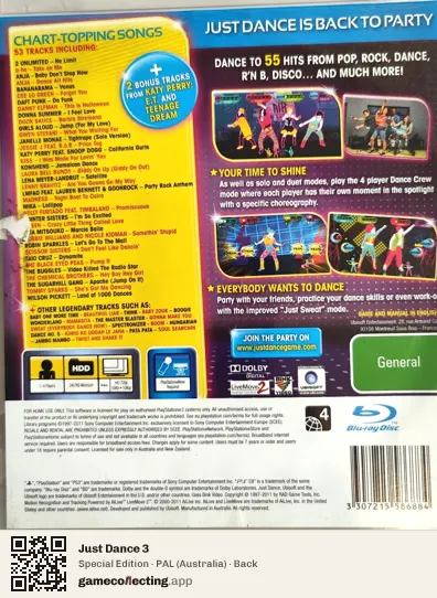 Just Dance 3 PlayStation 3, Australia box back