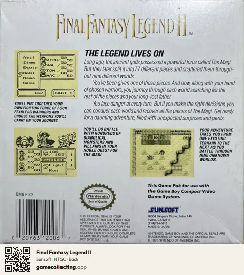Final Fantasy Legend II Game Boy, NTSC box back