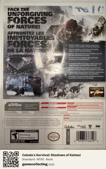 Cabela's Survival: Shadows of Katmai Nintendo Wii, NTSC box back