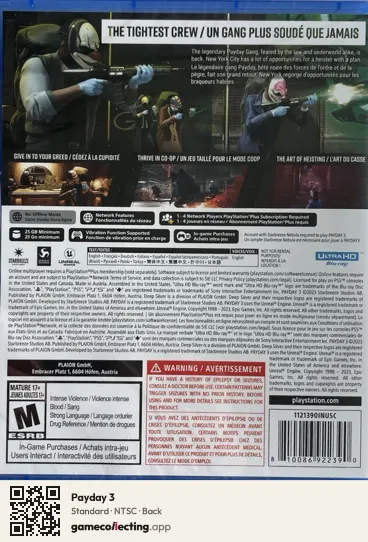 Payday 3 PlayStation 5, NTSC box back