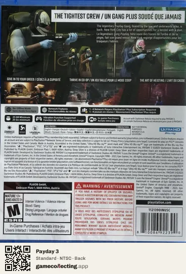 Payday 3 PlayStation 5, NTSC box back