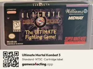 Ultimate Mortal Kombat 3 Super Nintendo Entertainment System, NTSC cartridge label