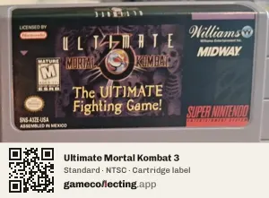 Ultimate Mortal Kombat 3 Super Nintendo Entertainment System, NTSC cartridge label