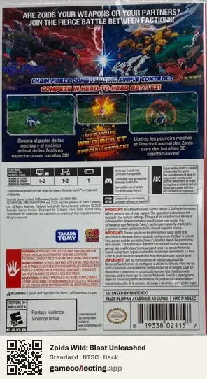 Zoids Wild: Blast Unleashed Nintendo Switch, NTSC box back