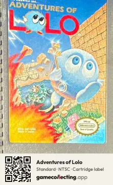 Adventures of Lolo Nintendo Entertainment System, NTSC cartridge label
