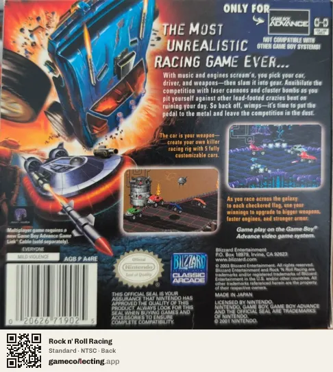 Rock n' Roll Racing Game Boy Advance, NTSC box back