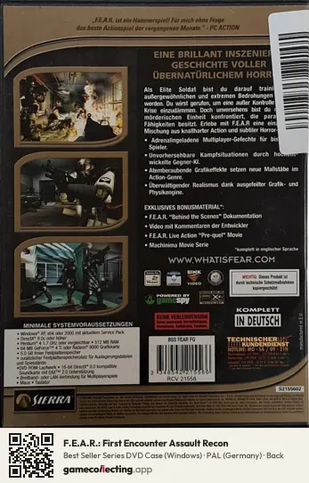 F.E.A.R.: First Encounter Assault Recon Computer, Germany box back
