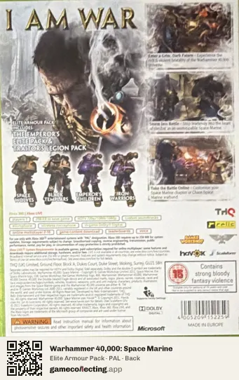 Warhammer 40,000: Space Marine Xbox 360, PAL box back