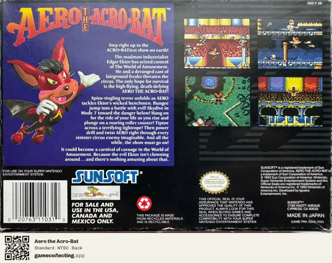 Aero the Acro-Bat Super Nintendo Entertainment System, NTSC box back