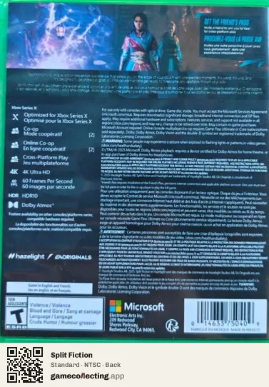 Split Fiction Xbox Series X, NTSC box back
