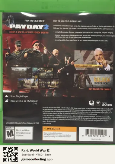 Raid: World War II Xbox One, NTSC box back