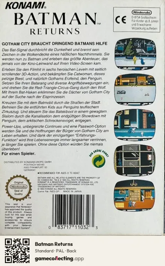 Batman Returns Nintendo Entertainment System, PAL box back