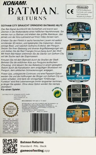 Batman Returns Nintendo Entertainment System, PAL box back