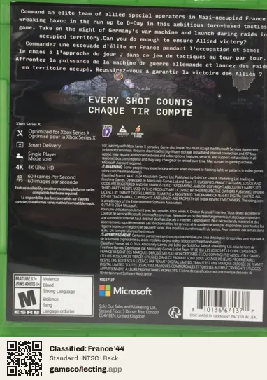 Classified: France '44 Xbox Series X, NTSC box back