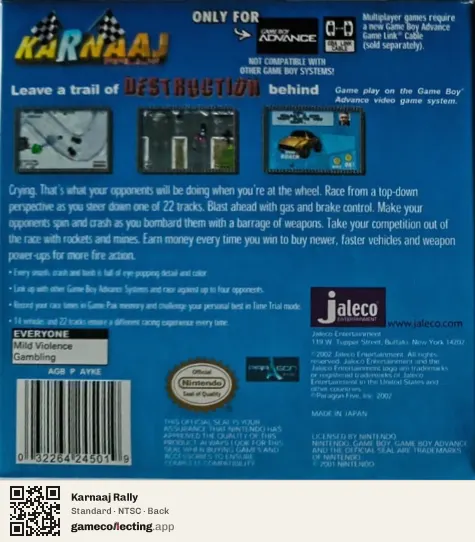 Karnaaj Rally Game Boy Advance, NTSC box back