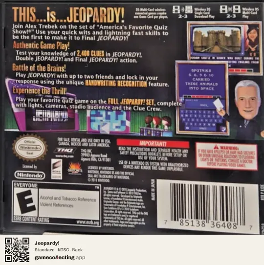 Jeopardy! Nintendo DS, NTSC box back