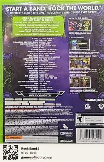 Rock Band 2 Xbox 360, NTSC box back