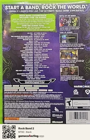 Rock Band 2 Xbox 360, NTSC box back