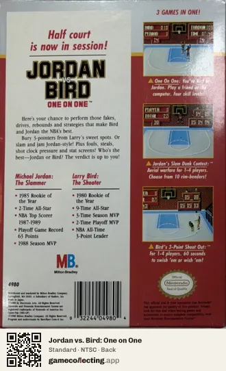 Jordan vs. Bird: One on One Nintendo Entertainment System, NTSC box back