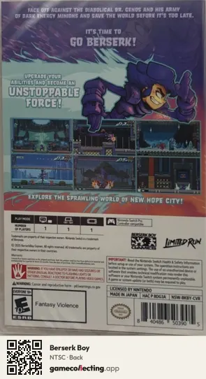 Berserk Boy Nintendo Switch, NTSC box back