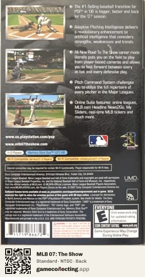 MLB 07: The Show PlayStation Portable, NTSC box back