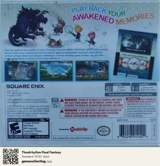 Theatrhythm Final Fantasy Nintendo 3DS, NTSC box back