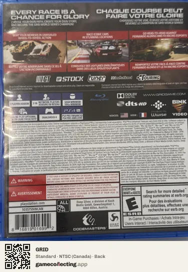 GRID PlayStation 4, Canada box back