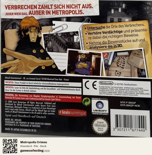 Metropolis Crimes Nintendo DS, PAL box back