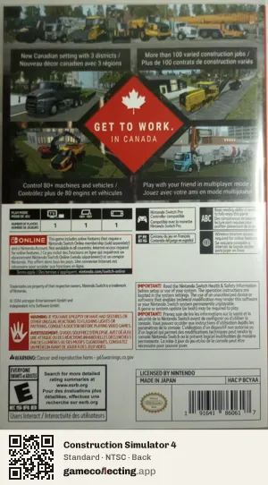 Construction Simulator 4 Nintendo Switch, NTSC box back