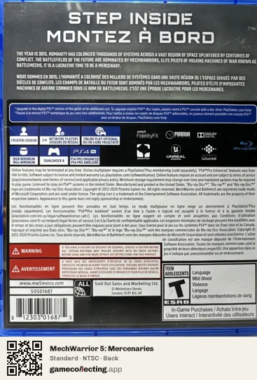 MechWarrior 5: Mercenaries PlayStation 4, NTSC box back