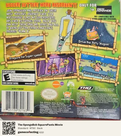 The SpongeBob SquarePants Movie Game Boy Advance, NTSC box back