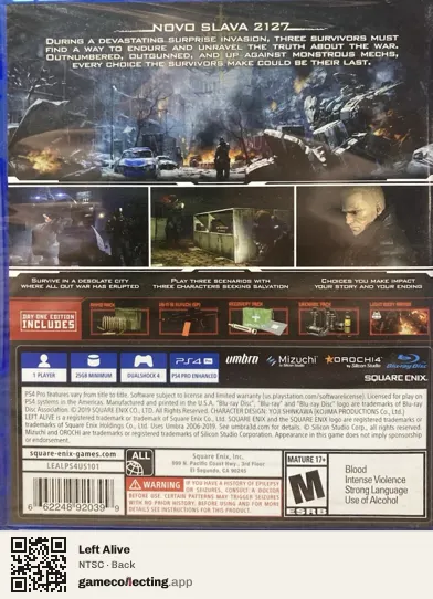 Left Alive PlayStation 4, NTSC box back