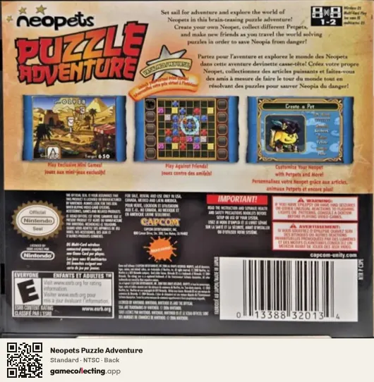 Neopets Puzzle Adventure Nintendo DS, NTSC box back