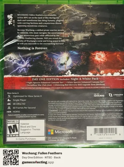 Wuchang: Fallen Feathers Xbox Series X, NTSC box back