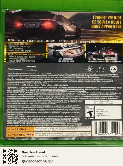Need for Speed Xbox One, NTSC box back