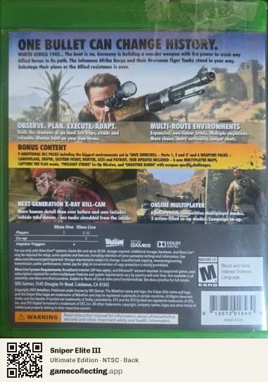Sniper Elite III Xbox One, NTSC box back