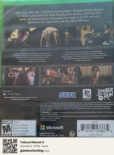 Yakuza Kiwami 2 Xbox One, NTSC box back