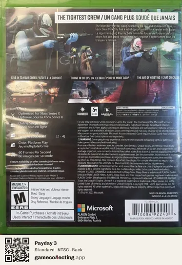 Payday 3 Xbox Series X, NTSC box back