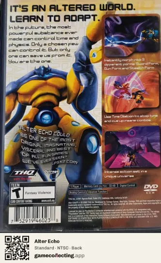 Alter Echo PlayStation 2, NTSC box back